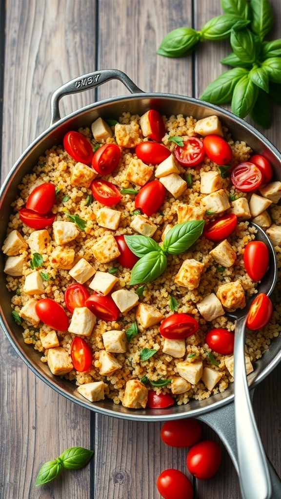 A colorful quinoa chicken and tomato skillet with fresh basil on a wooden table.